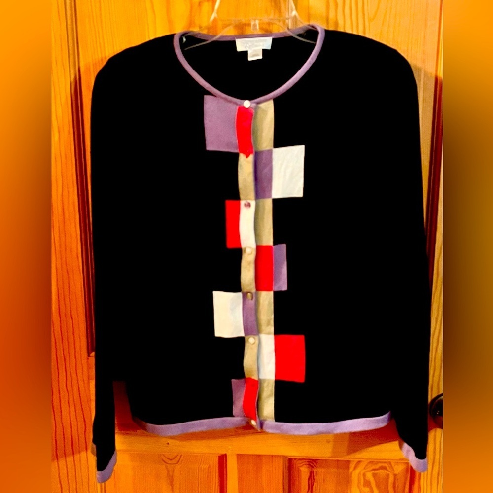 Christopher & Banks Black Cardigan w/Colorful Blocks Buttons SZ L Teacher Modest